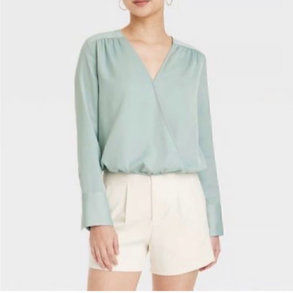 NEW Pastel Green Satin Seafoam V-Neck Wrap Blouse Top Long Sleeve by A New Day